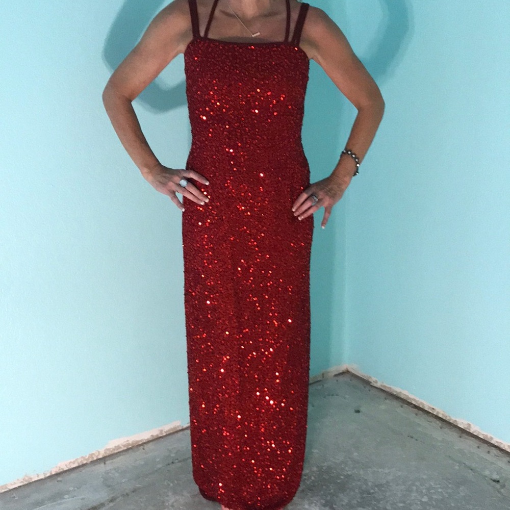 Multi strap red sequence evening dress